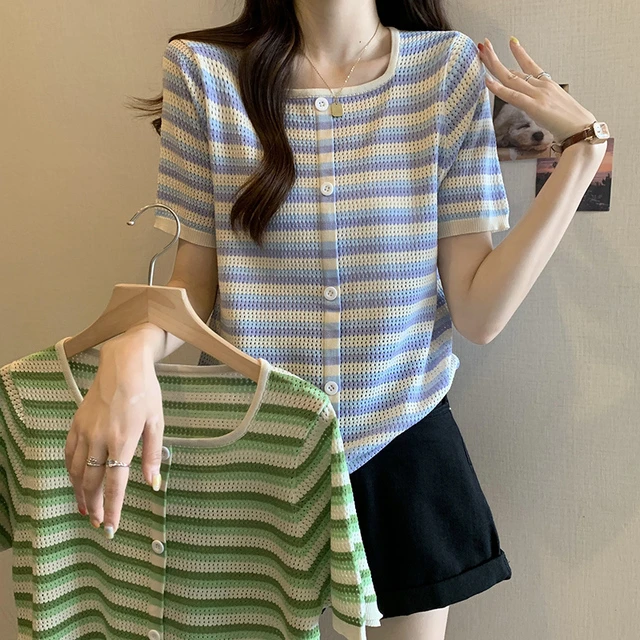 胖MM大码夏季2025洋气设计感U型领口冰丝针织衫上衣镂空短袖T恤女