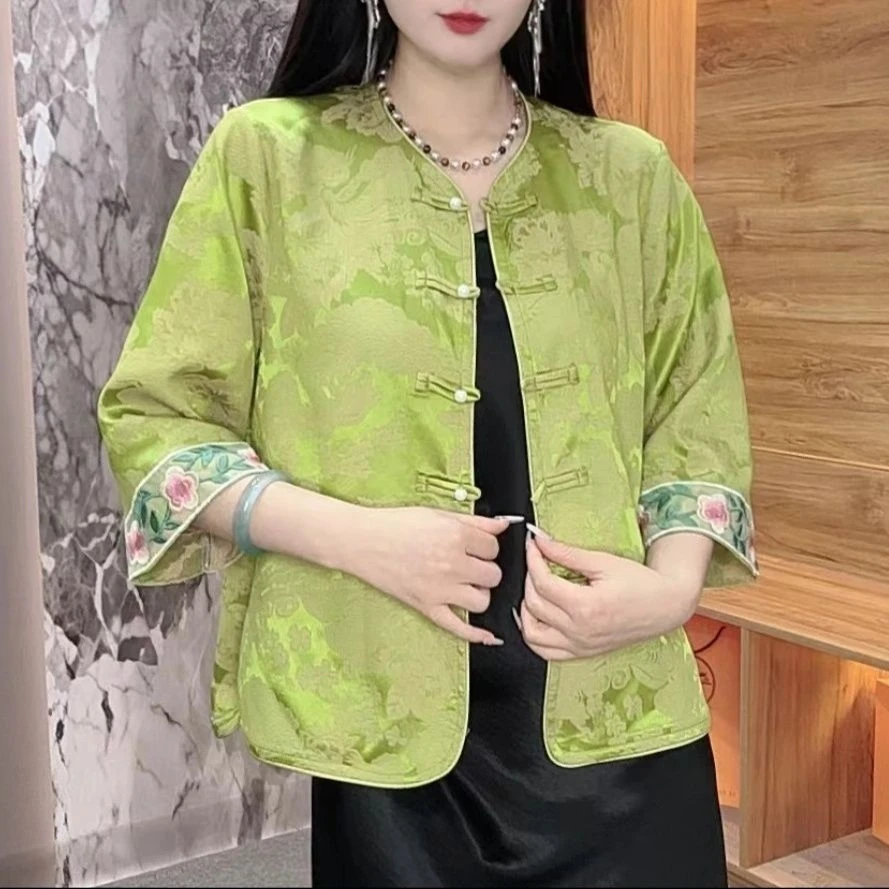 复古国风盘扣衬衫女2025夏季新款新中式提花刺绣轻奢防晒外套上衣