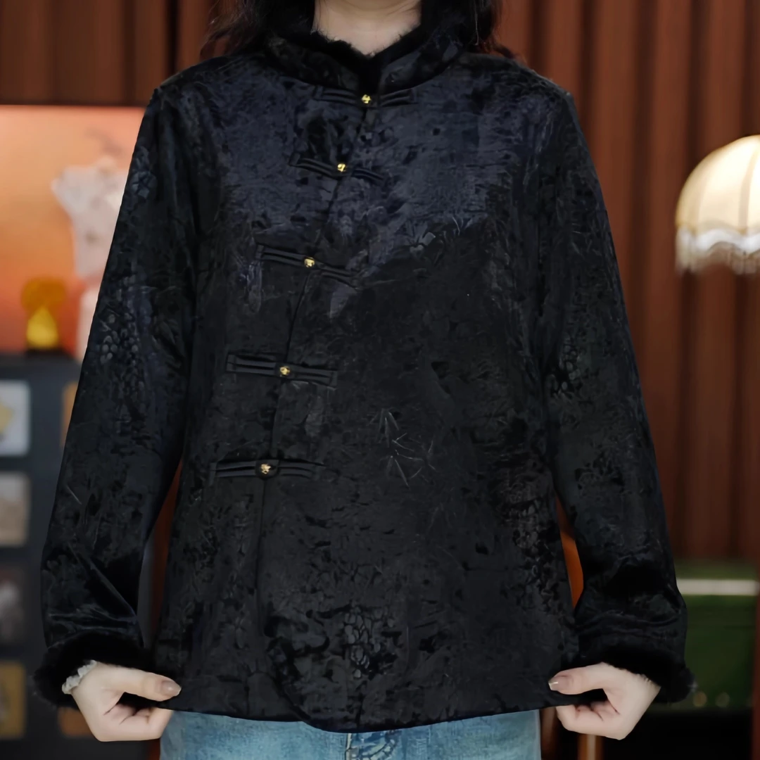 天生丽质（黑色）斜襟领提花长袖中式国风上衣冬季打底衫加绒女装