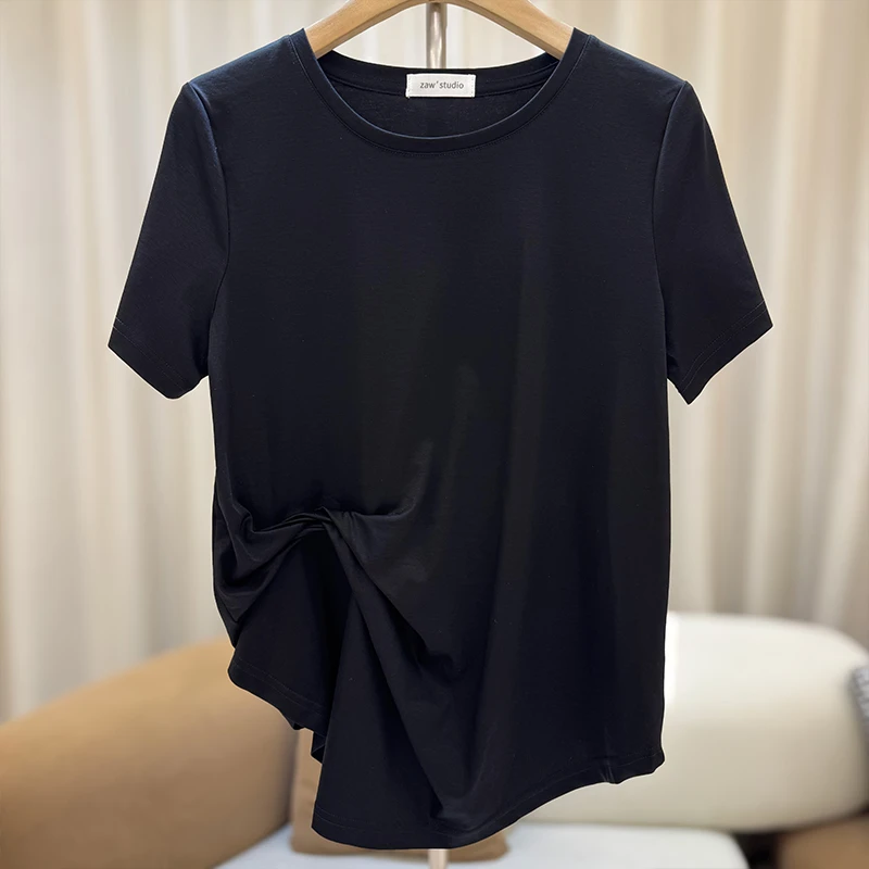 大码女装正肩短袖t恤女设计感开叉胖mm洋气遮肉上衣巨显瘦/25297