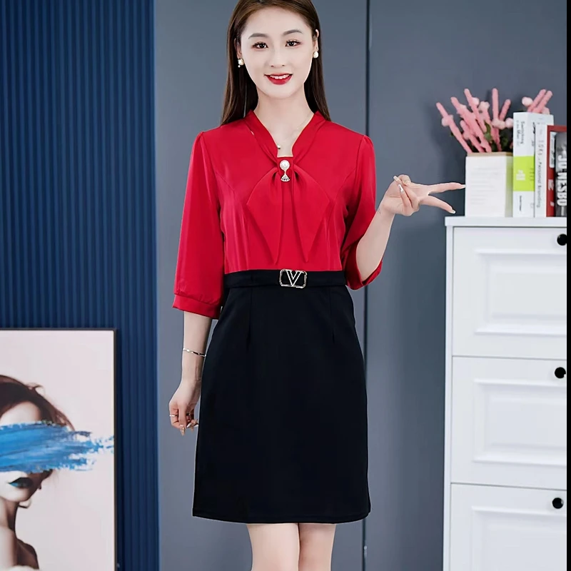 2025年春夏新款时尚气质简约休闲职业七分袖包臀假两件连衣裙