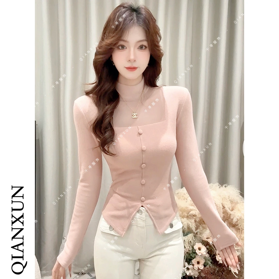 千寻家 法式温柔风蕾丝拼接打底衫女秋冬新款气质氛围感T恤639