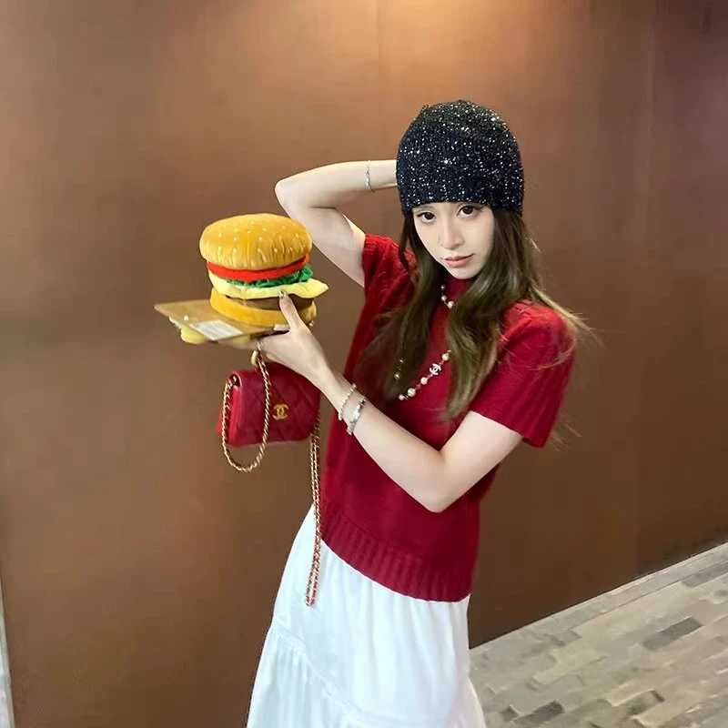 复古韩系显白红色半高领短袖针织上衣女2025早春简约气质套头毛衣