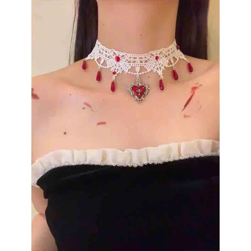 合金项链  万圣节蕾丝滴血十字架项链日常穿搭锁骨链暗黑朋克