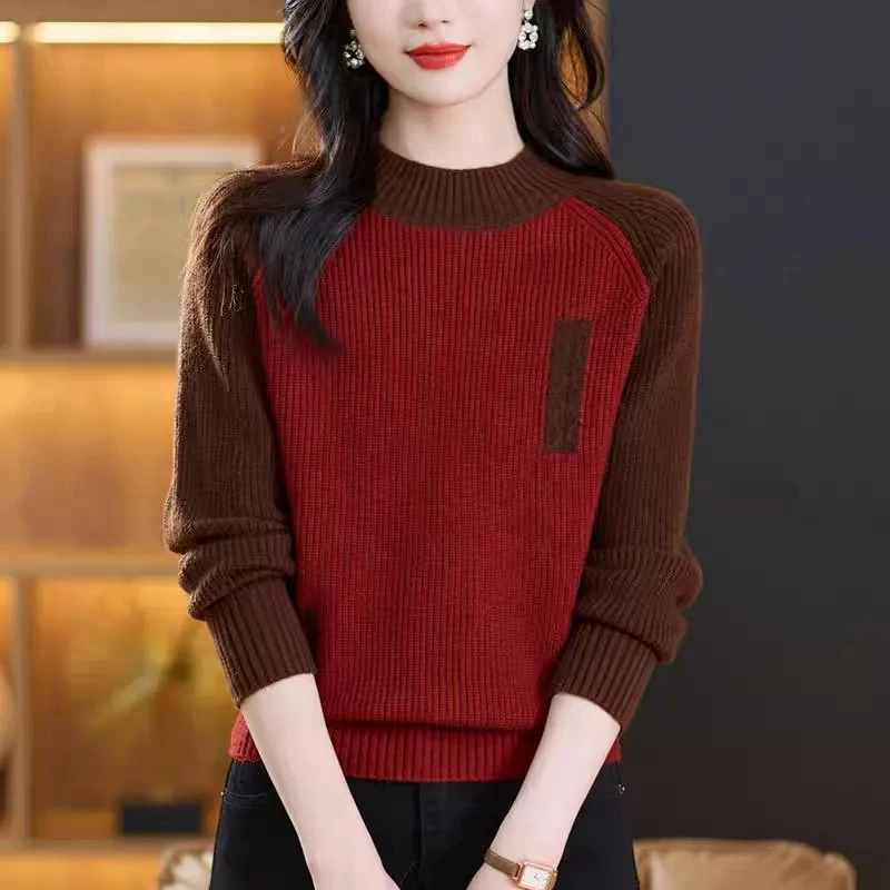 秋冬季女士毛衣新款拼色针织衫修身针织新款洋气半高领毛衣打底女