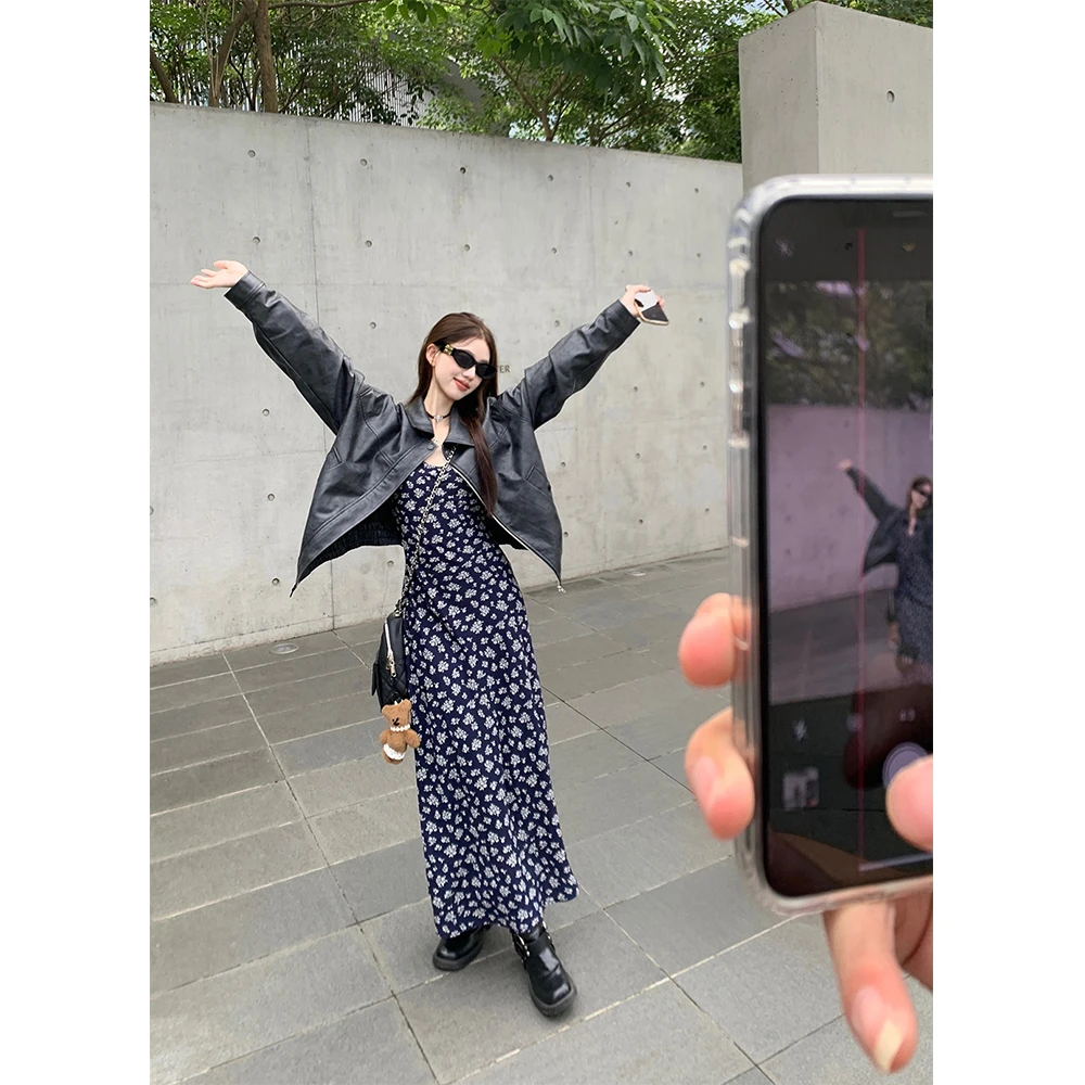 氛围感斜裁法式碎花吊带连衣裙女