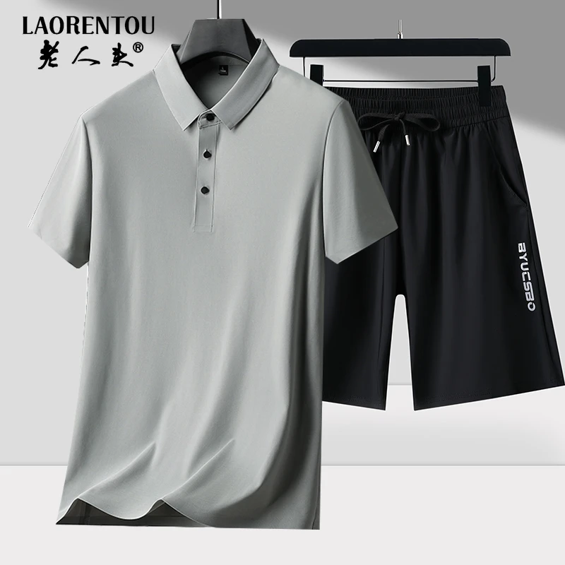 老人头父亲节透气中老年爸爸装POLO衫速干薄款运动速干男套装夏季