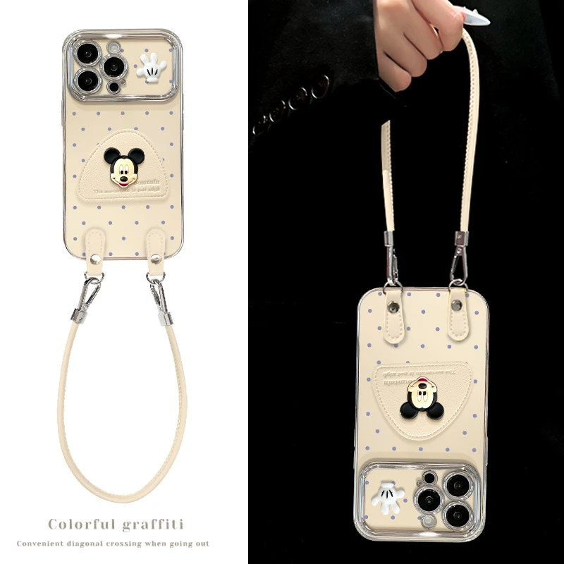 MH波点立体米奇支架适用苹果16手机壳13promax皮扣挂绳15可爱卡通