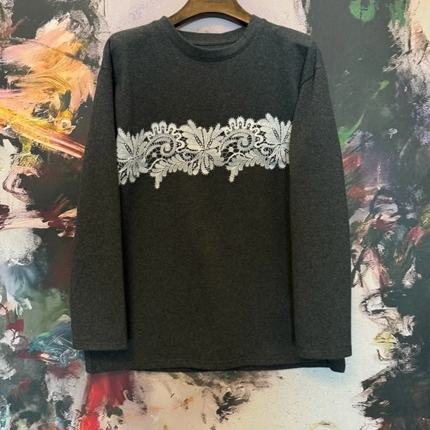 【大G精选】“优雅赞礼” 设计感拼接蕾丝纯棉长圆领磨毛T恤