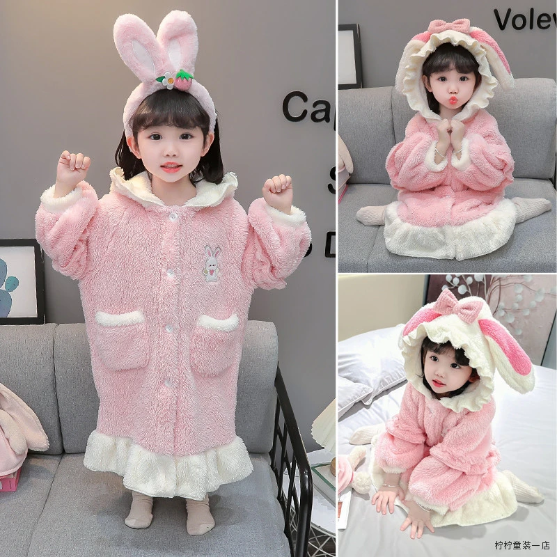 秋冬季节女童加厚毛绒绒珊瑚绒宝宝浴袍家居服女孩睡裙式睡衣