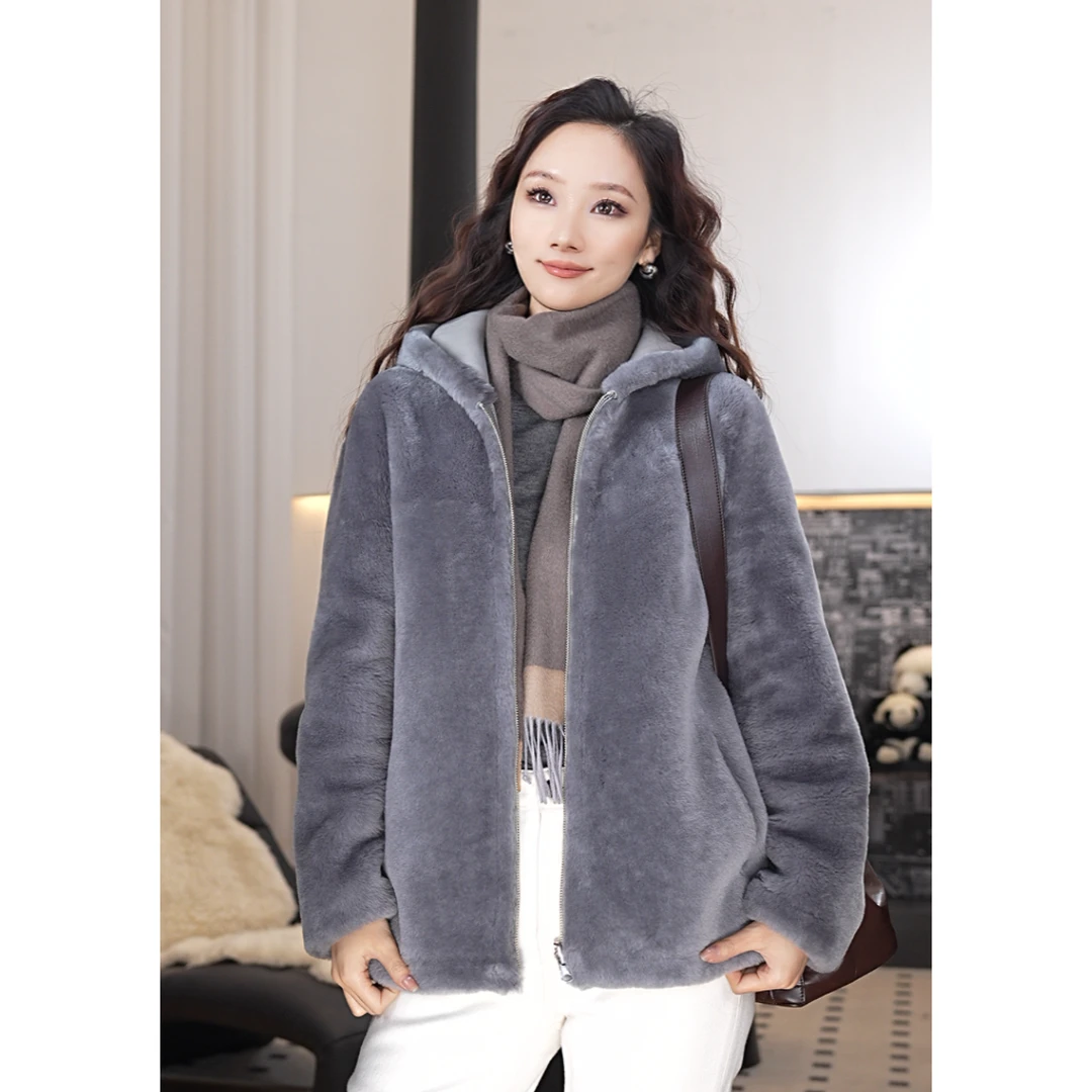 佰力郎82853【小精致】双面穿简约大气连帽进口皮草外套真皮毛一体