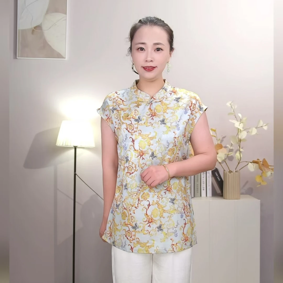 [有钱花]夏季重磅新中式国风奥黛薄款常规复古时尚飞飞袖上衣