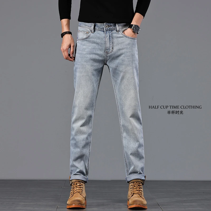 复古长裤男士破洞直筒牛仔裤潮流直筒休闲裤九分裤子男士修身百搭