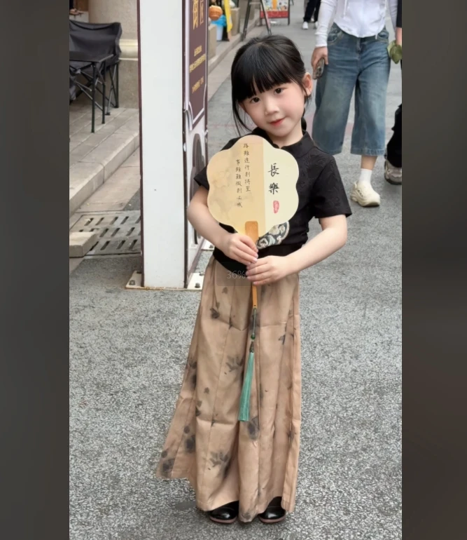 女童夏款套装2025新款夏季时尚女孩国风中式短袖长裤子百搭两件套