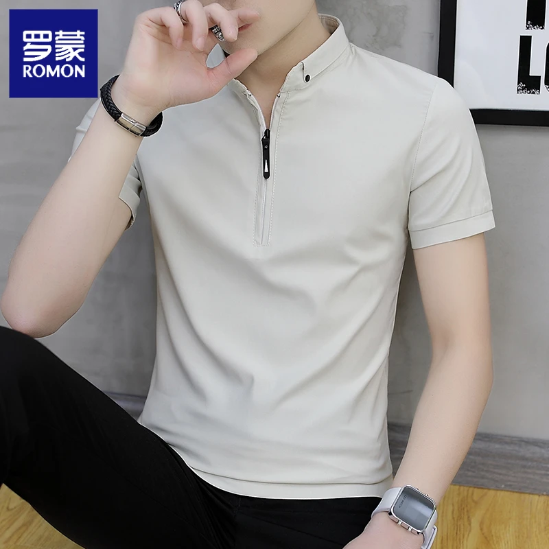 罗蒙2025夏季短袖T恤男士韩版立领polo衫男装青年上衣服半袖体恤