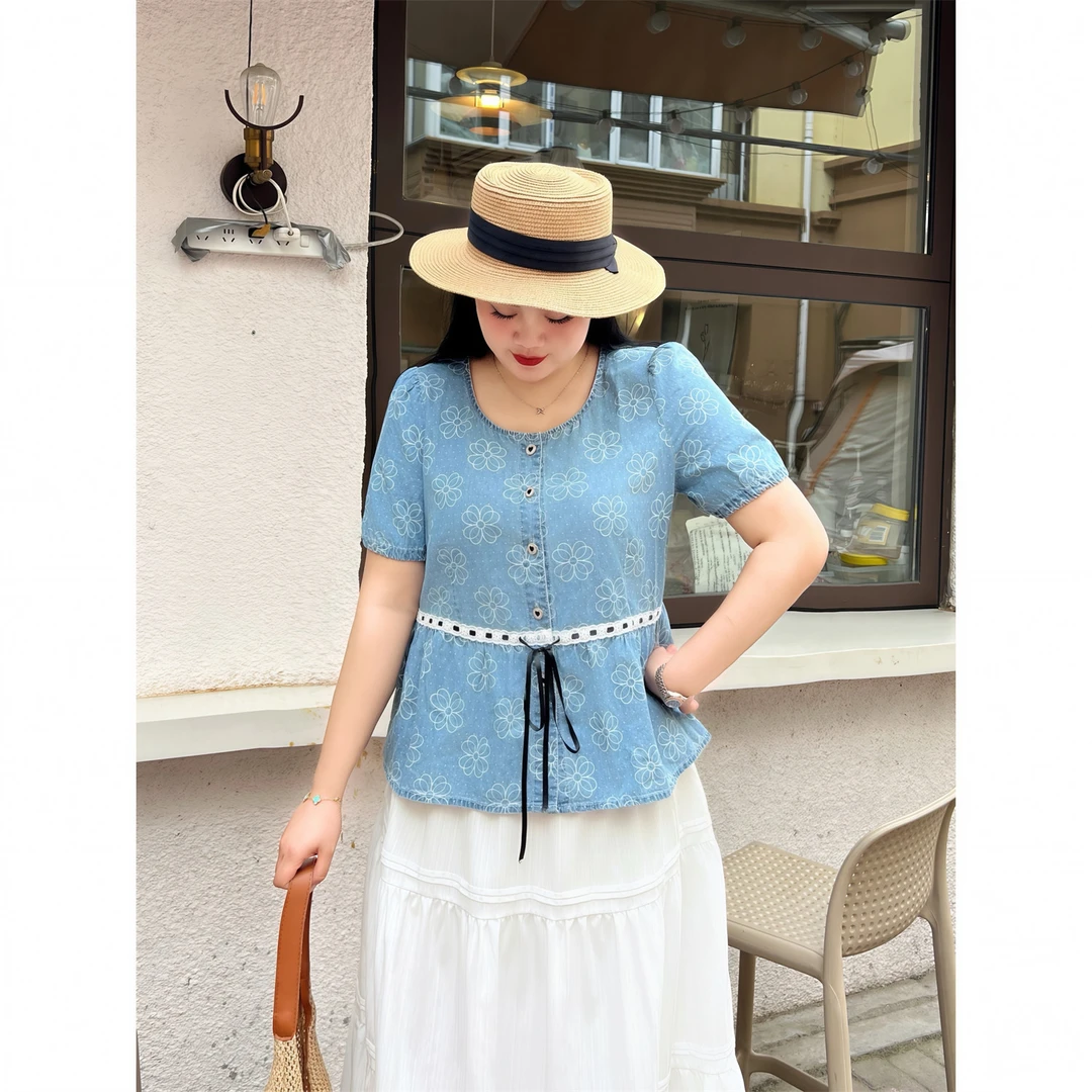 断码捡漏F晨樱露语 / 小香风薄款牛仔上衣18240花契大码200斤胖mm