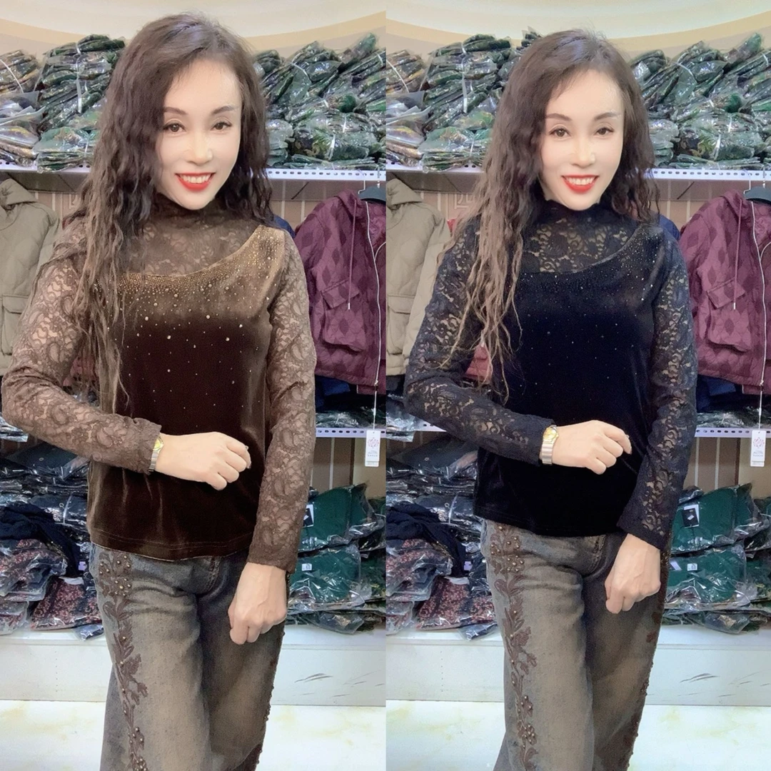 蕾丝富贵绒拼接衫