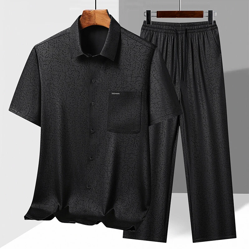 夏季新款冰丝套装男士短袖衬衫新中式中国风爸爸装休闲透气两件套
