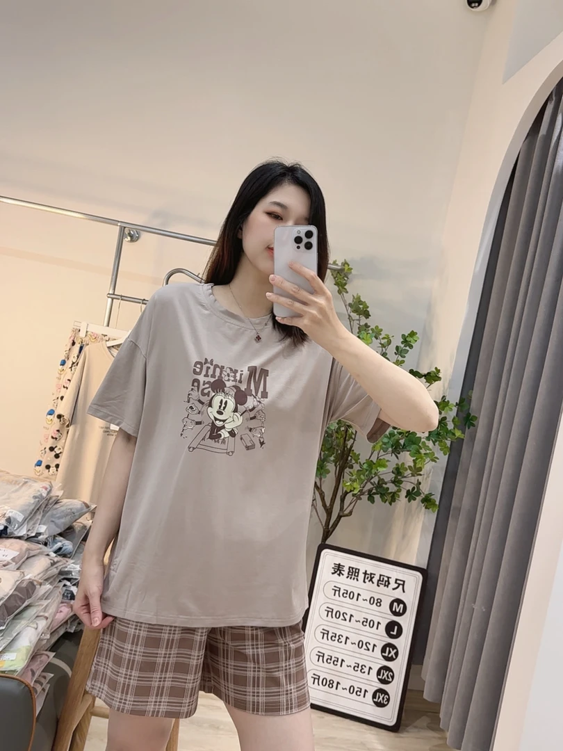 夏季爽棉睡衣女时尚简约宽松圆领休闲减龄印花卡通百搭韩版可外穿