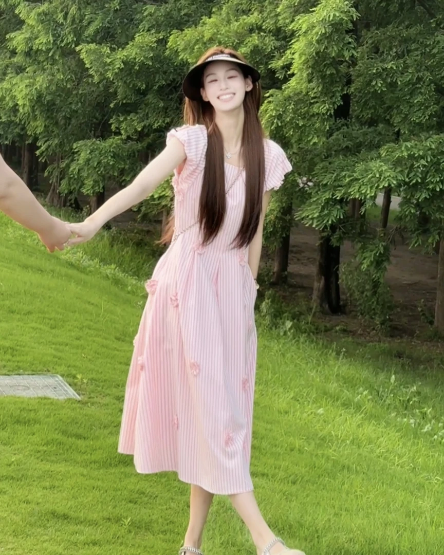 【卿卿自制】重工立体花朵粉色条纹连衣裙