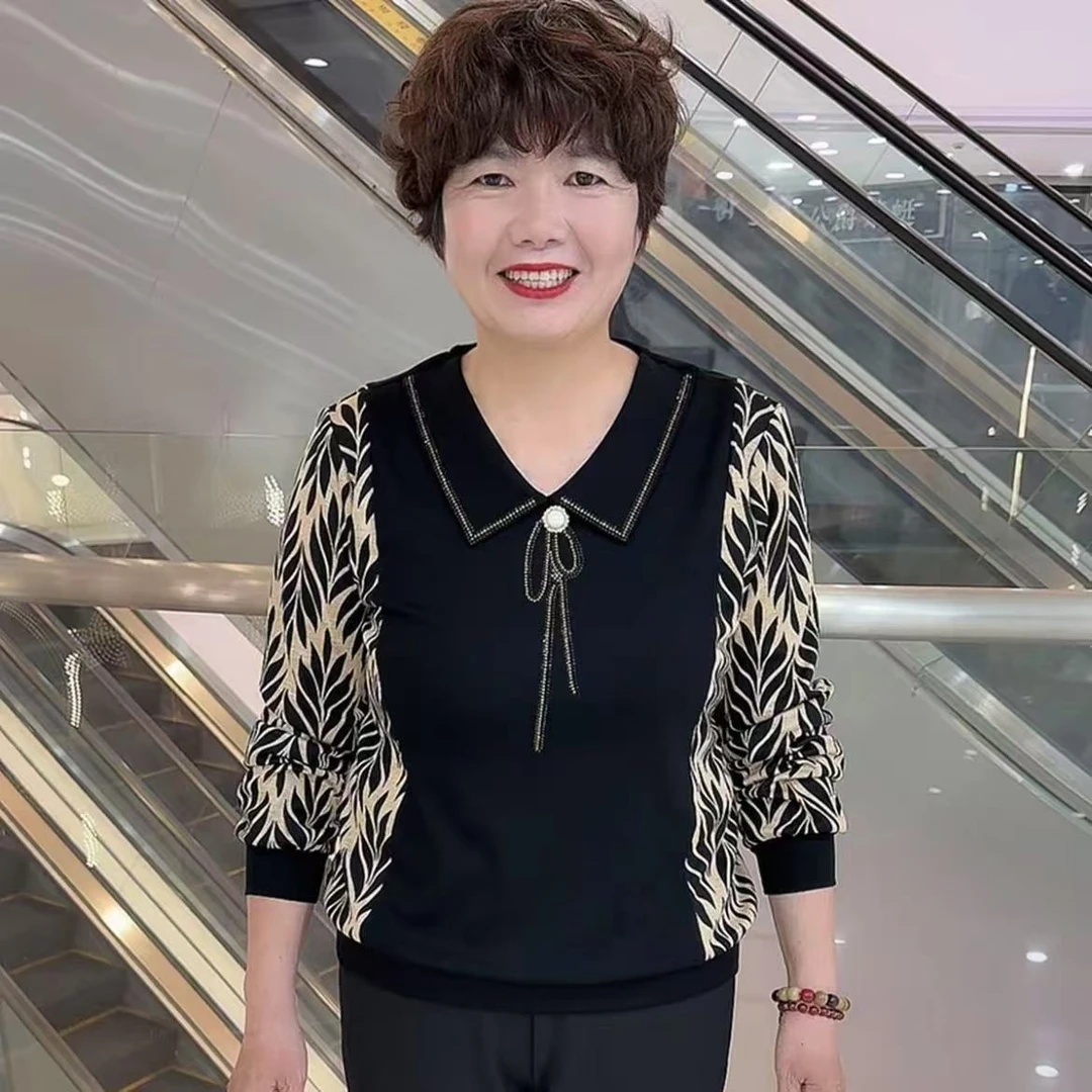 秋季新款时尚翻领印花时尚百搭宽松显瘦中年妈妈装长袖女士上衣