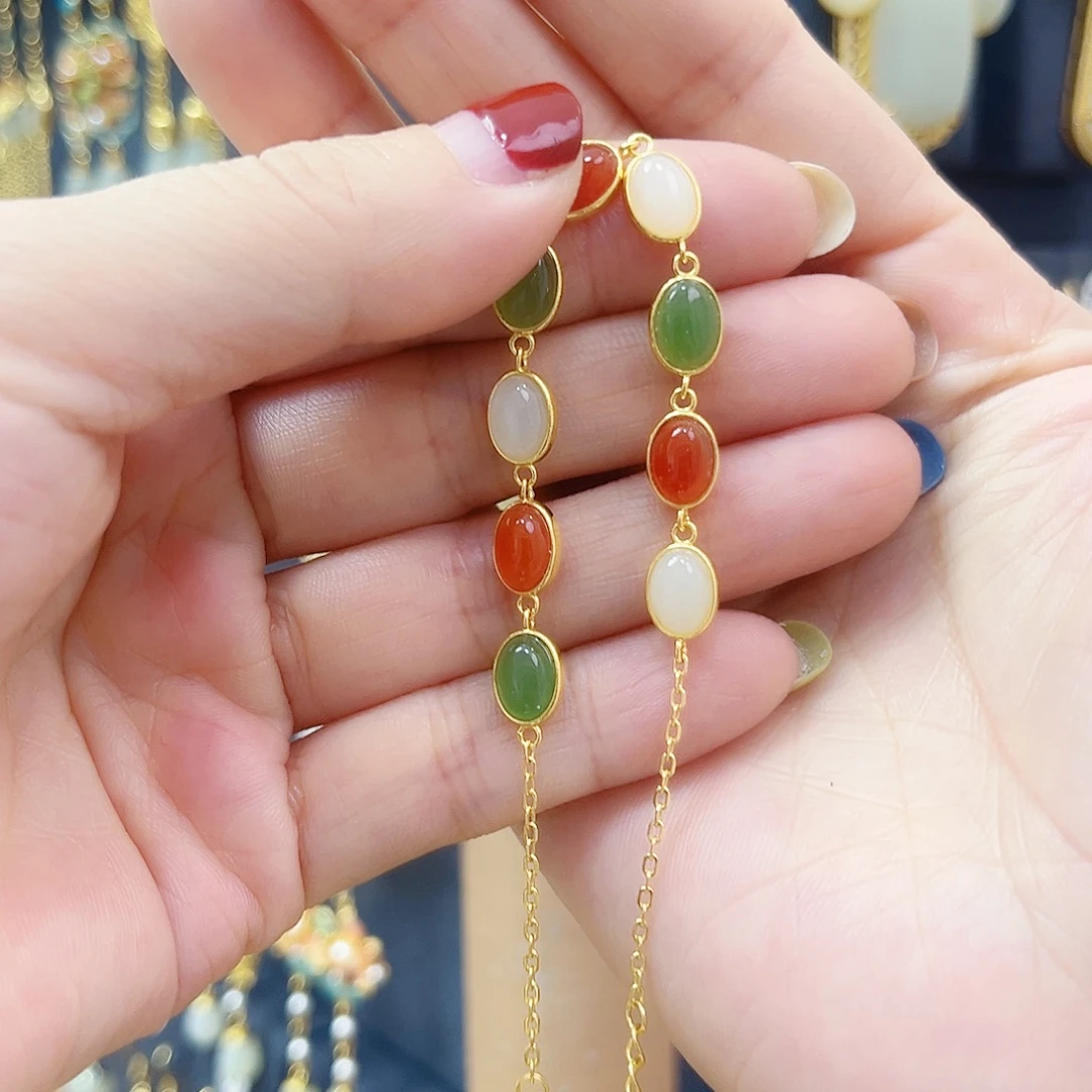 和田玉银S925镀金镶嵌手链