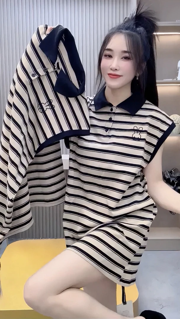 小个子韩版撞色条纹短袖连衣裙女2025夏季休闲显瘦翻领棉T恤裙