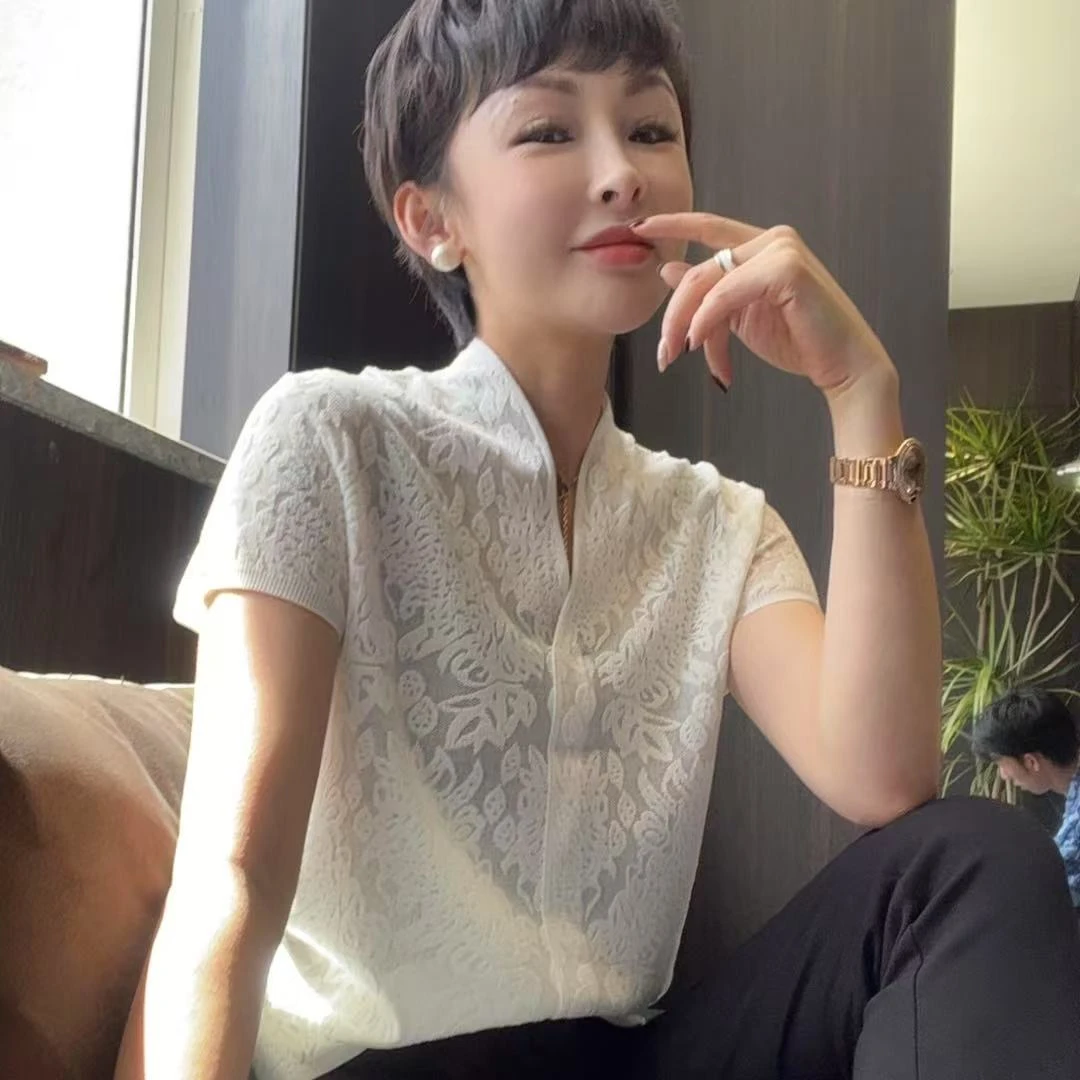 MINGGANG/名港【绮蔓流光】蕾丝老钱风女装气质提花短袖上衣MG8162