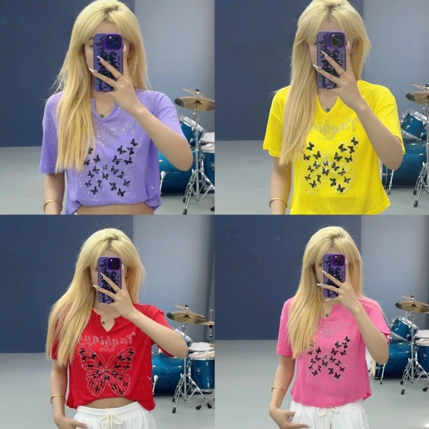 冰感竹节纱亮钻蝴蝶宽松T恤9578