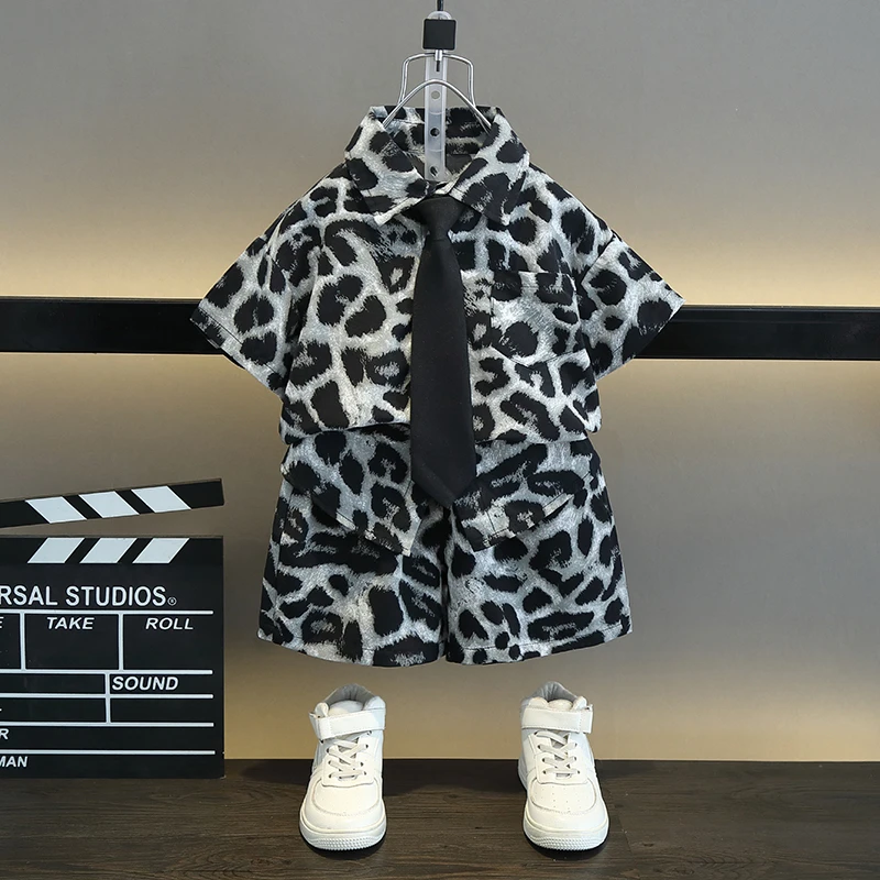 男童夏装套装儿童韩系衣服2025新款豹纹男孩夏季短袖两件套宝宝潮