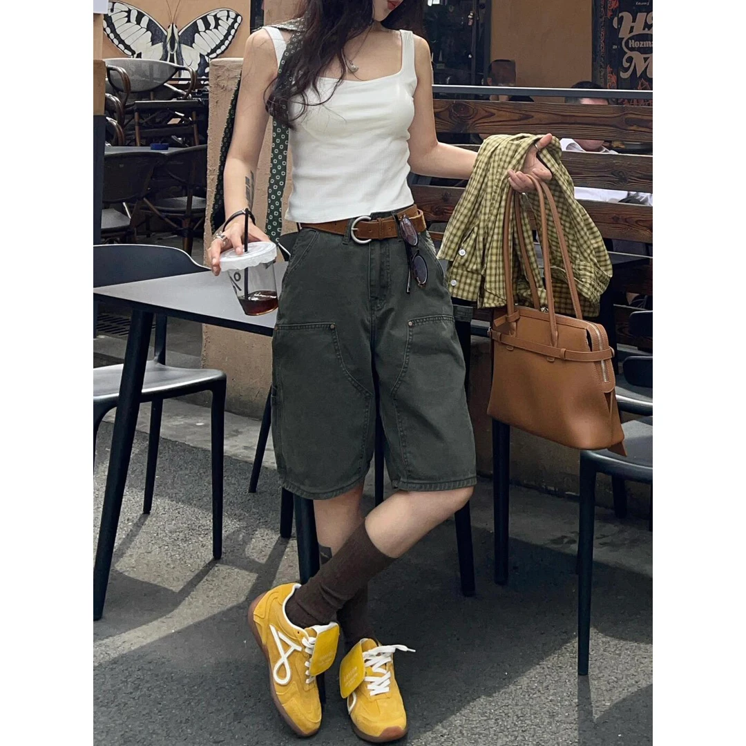 复古做旧百搭五分短裤女夏季新款美式多口袋设计感休闲显瘦牛仔裤
