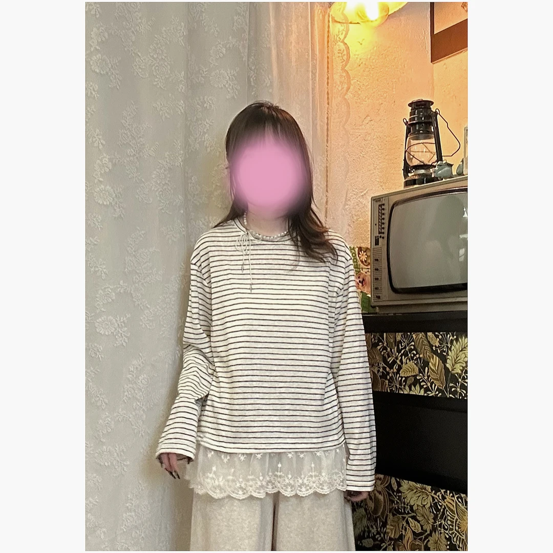 【蕾丝条纹】春季蕾丝条纹拼接打底t恤