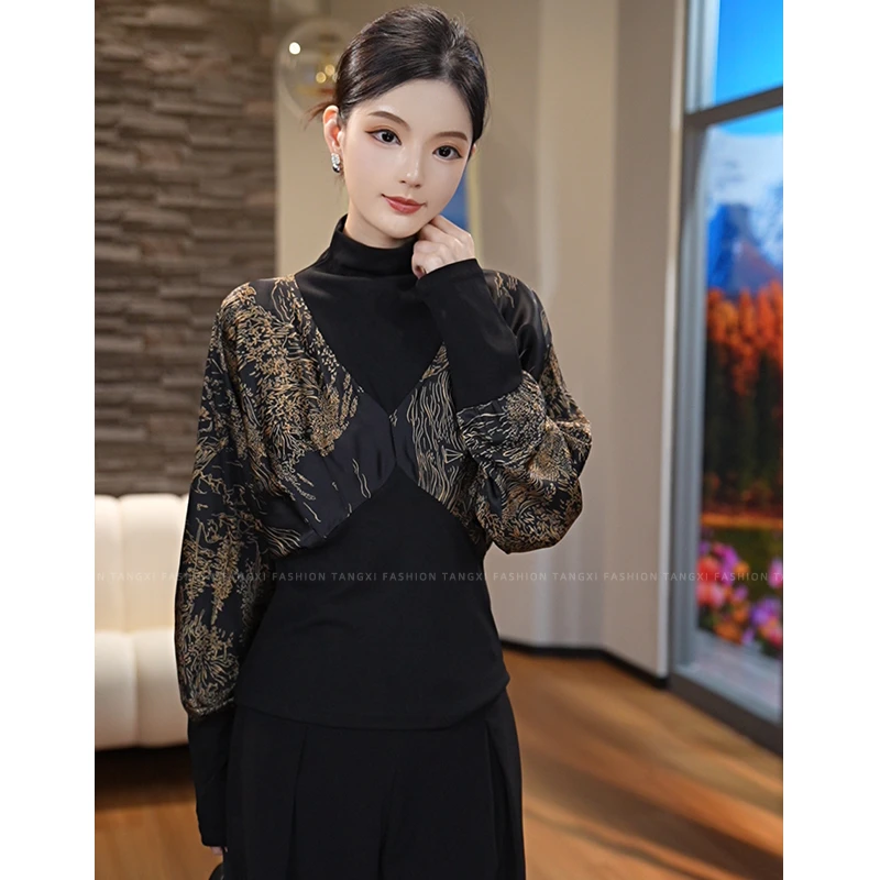 2025早秋新款【TX-8049】碎花显瘦拼接针织百搭气质缎面宽松上衣