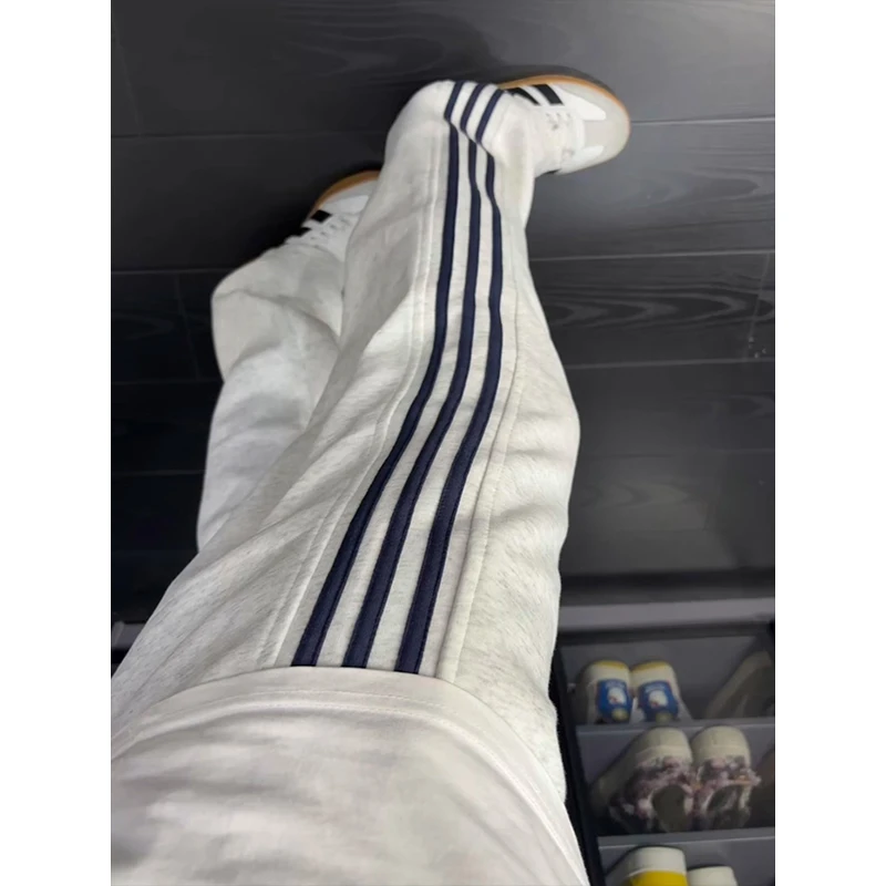 白花灰三条杠裤子男款夏季条纹拼接运动卫裤cleanfit直筒休闲长裤