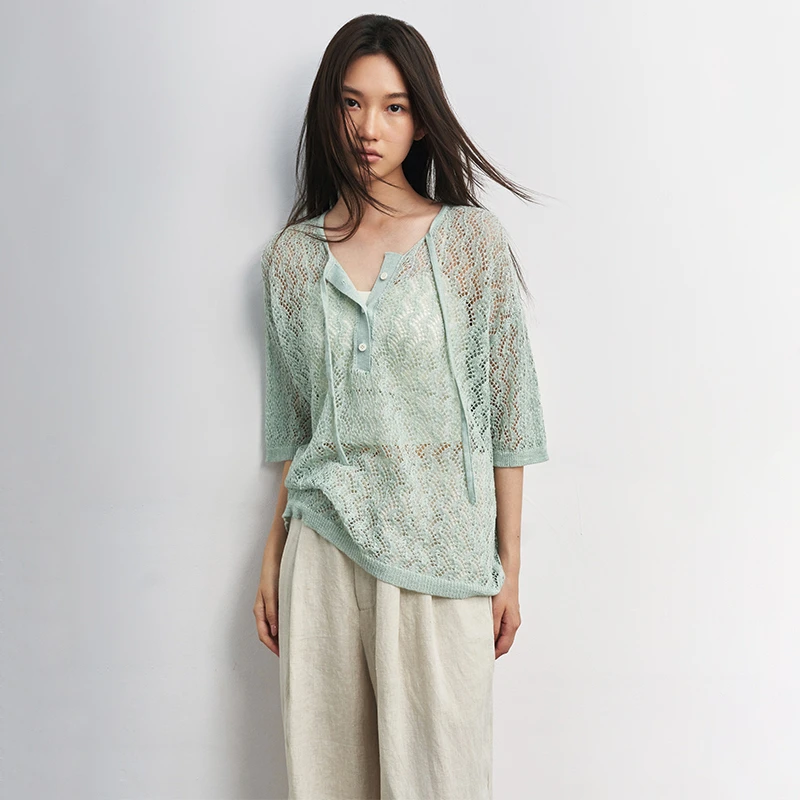 same flow薄荷绿清新夏日波浪纹镂空轻薄透气绑带polo罩衫上衣