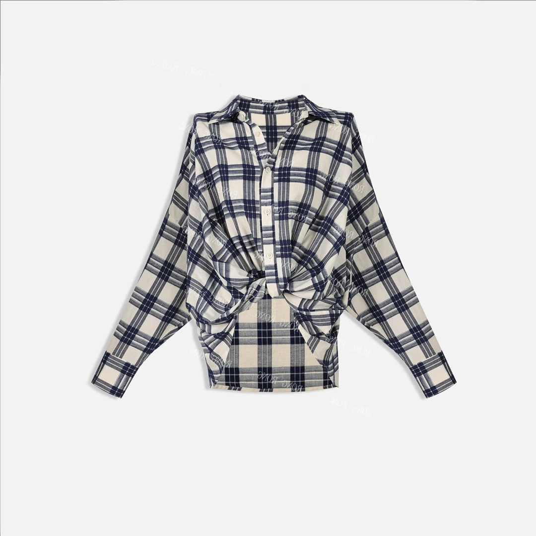 【文艺知性】蓝白格前襟打结松驰衬衣B-Z8969282