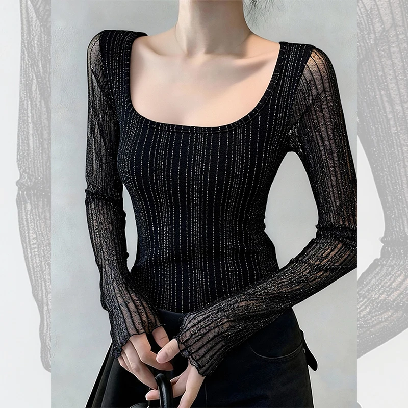 别致独特漂亮黑色条纹打底小衫新款长袖t恤洋气百搭上衣女装秋冬