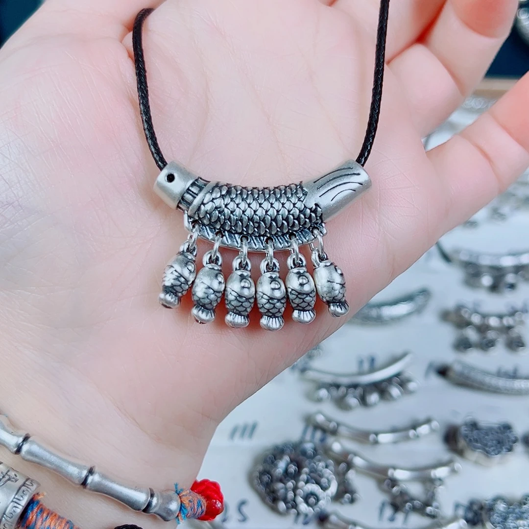 珐琅足银足银999多子鱼弯管