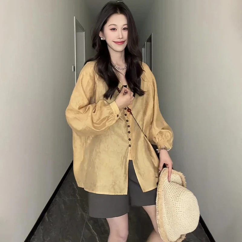 法式高级感黄色灯笼袖衬衫女款2025夏季新款洋气宽松休闲百搭上衣