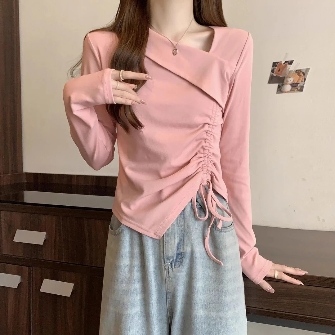大码不规则别致长袖T恤女秋季设计感抽绳打底衫胖mm显瘦内搭上衣
