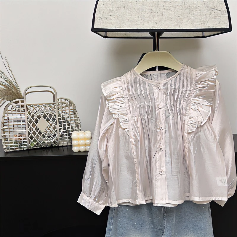 【现货】女童长袖衬衫2024春夏款儿童法式甜美设计感荷叶边衬衣上衣