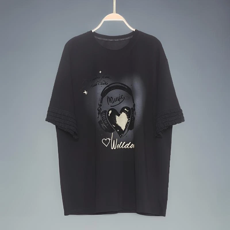 时尚T恤女时尚休闲百搭圆领短袖潮流印花中长款 2025夏季新款爆款