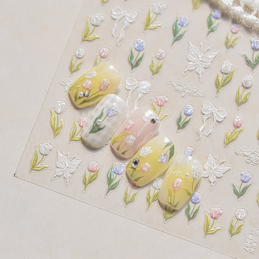 镂空蝴蝶浮雕ins郁金香美甲贴纸日系幻彩丝带防水指甲贴手机装饰