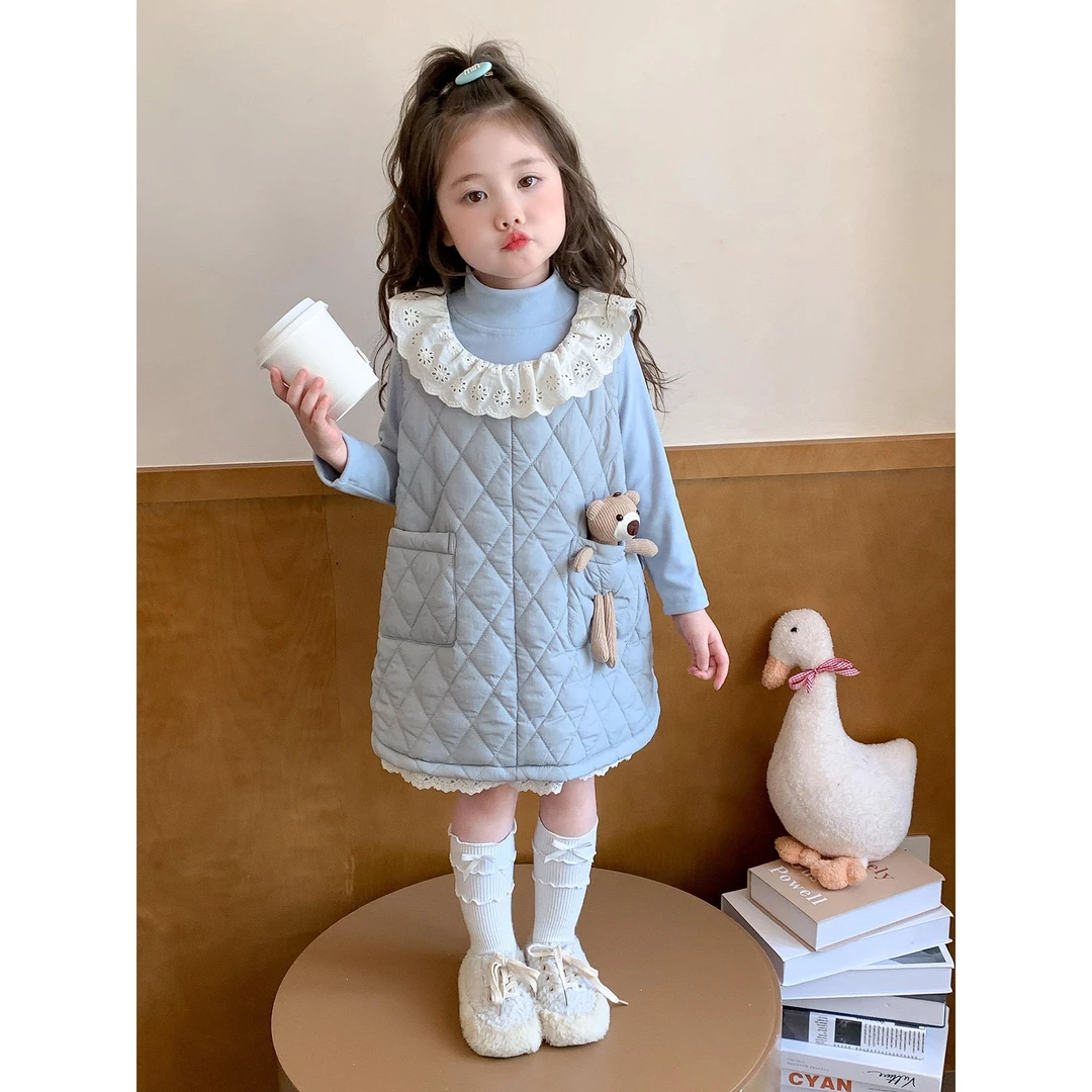 女童夹棉连衣裙套装秋冬款2025新款女宝宝韩版穿搭时髦洋气两件套