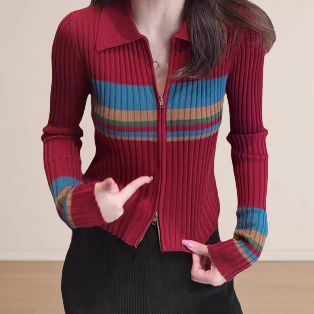 MeiQi 走岛国！日系条纹撞色双拉链翻领开衫上衣针织衫百搭女A3770