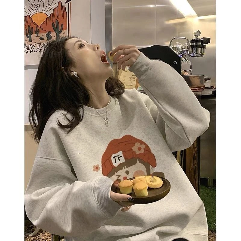 时尚韩版圆领套头卫衣女秋冬新款长袖t恤女宽松显瘦百搭学生上衣