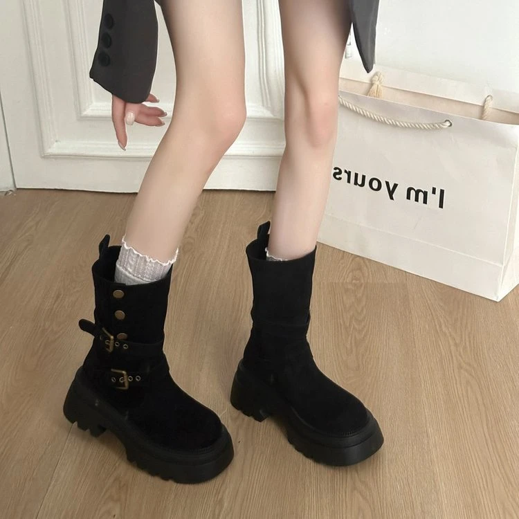 增高复古美拉德马丁靴女2025秋冬新款不过膝两穿厚底粗跟西部短靴