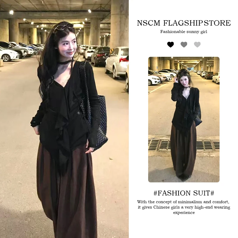 NSCM早秋新款纯欲慵懒风女装法式复古修身绝美针织上衣垂感阔腿裤