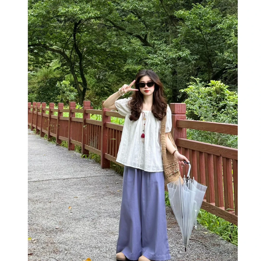 2025夏季新款法式甜美刺绣短袖衬衫上衣女高腰阔腿裤显瘦两件套潮