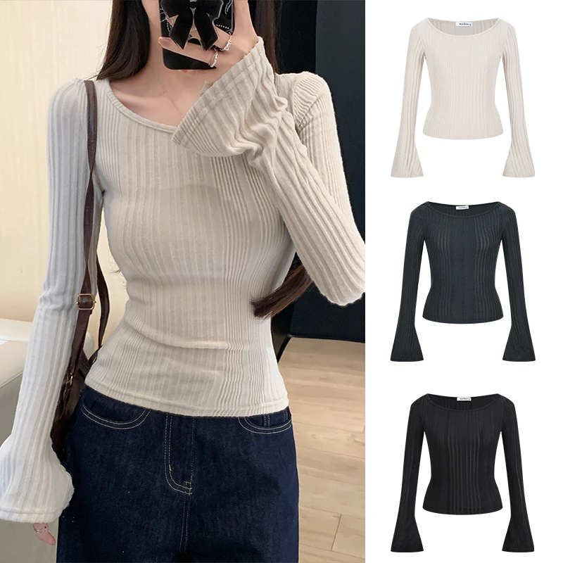 Moses Queen/魔西女王秋冬纯色低圆领长袖针织衫女显瘦内搭打底衫